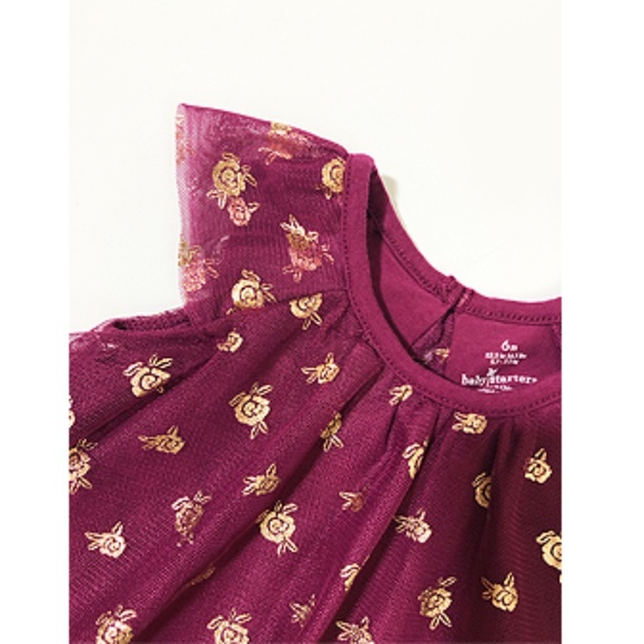 Baby Starters Burgundy & Rose Gold Foil Star Angel-Sleeve Dress & Headband - Picture 2 of 5